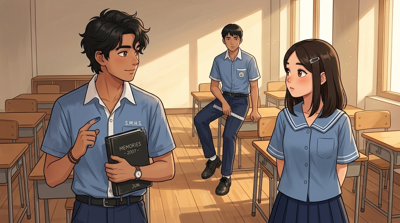 Letters I'll Never Send — Part One: Miles Between Us — page 10 panel 2: From the hallway, Ace and Sarah look into the classroom. Ace clutches his black leatherette notebook against his chest, while Sarah’s bright eyes follow LA’s impossible balance.