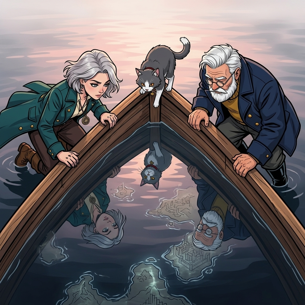 The Moving Sea — page 10 panel 2: Inside the passage, the water becomes smooth as glass. Brine gazes into its surface, and faint images of old coastlines appear beneath him like memories.