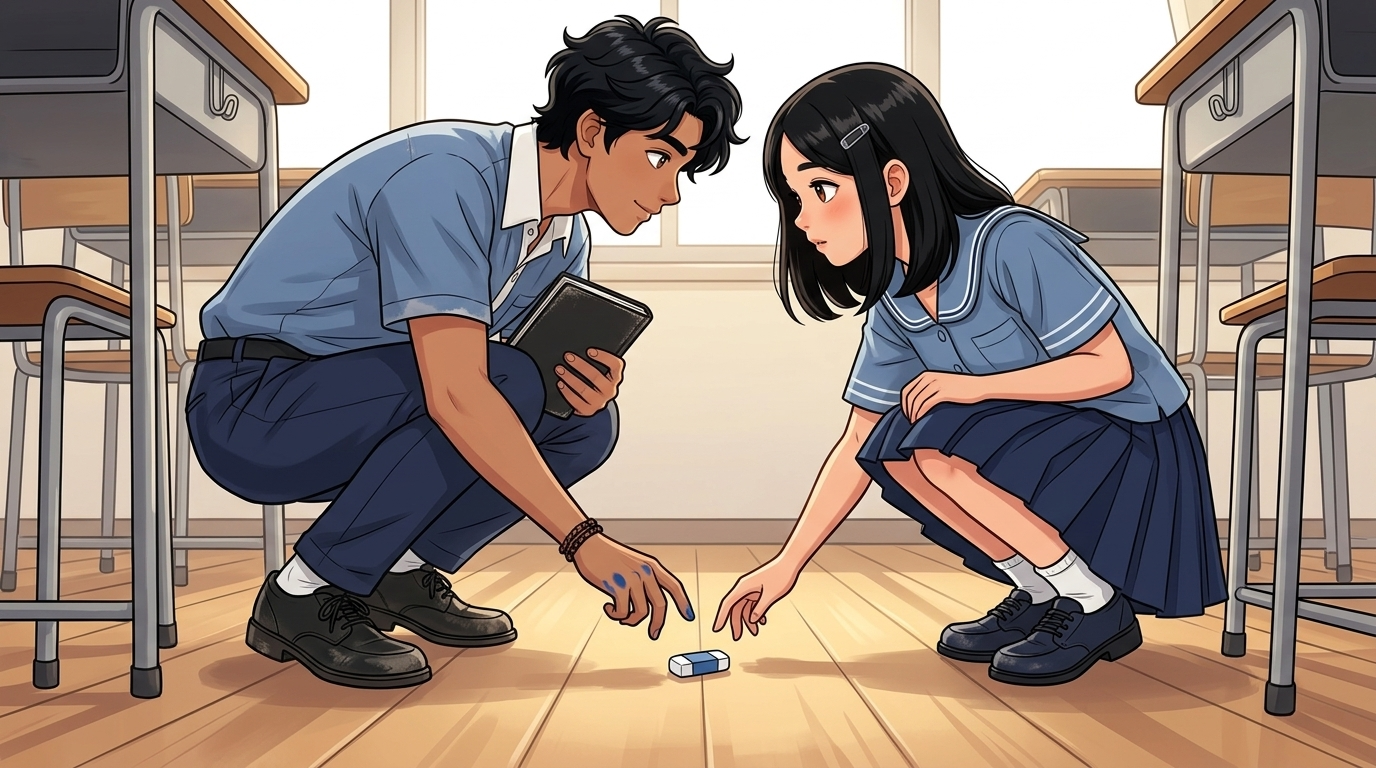 Letters I'll Never Send — Part One: Miles Between Us — page 10 panel 3: Sarah steps inside and drops her eraser beside her desk. Ace notices it first. His fingers tighten around the notebook as he looks from the eraser to Sarah, gathering courage that immediately deserts him.