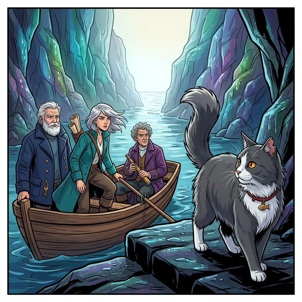 The Moving Sea — page 10 panel 4: Brine springs from the rail to a low shelf of black stone inside the cove. He looks back and flicks his tail, inviting the others to follow while the water behind him slowly closes.