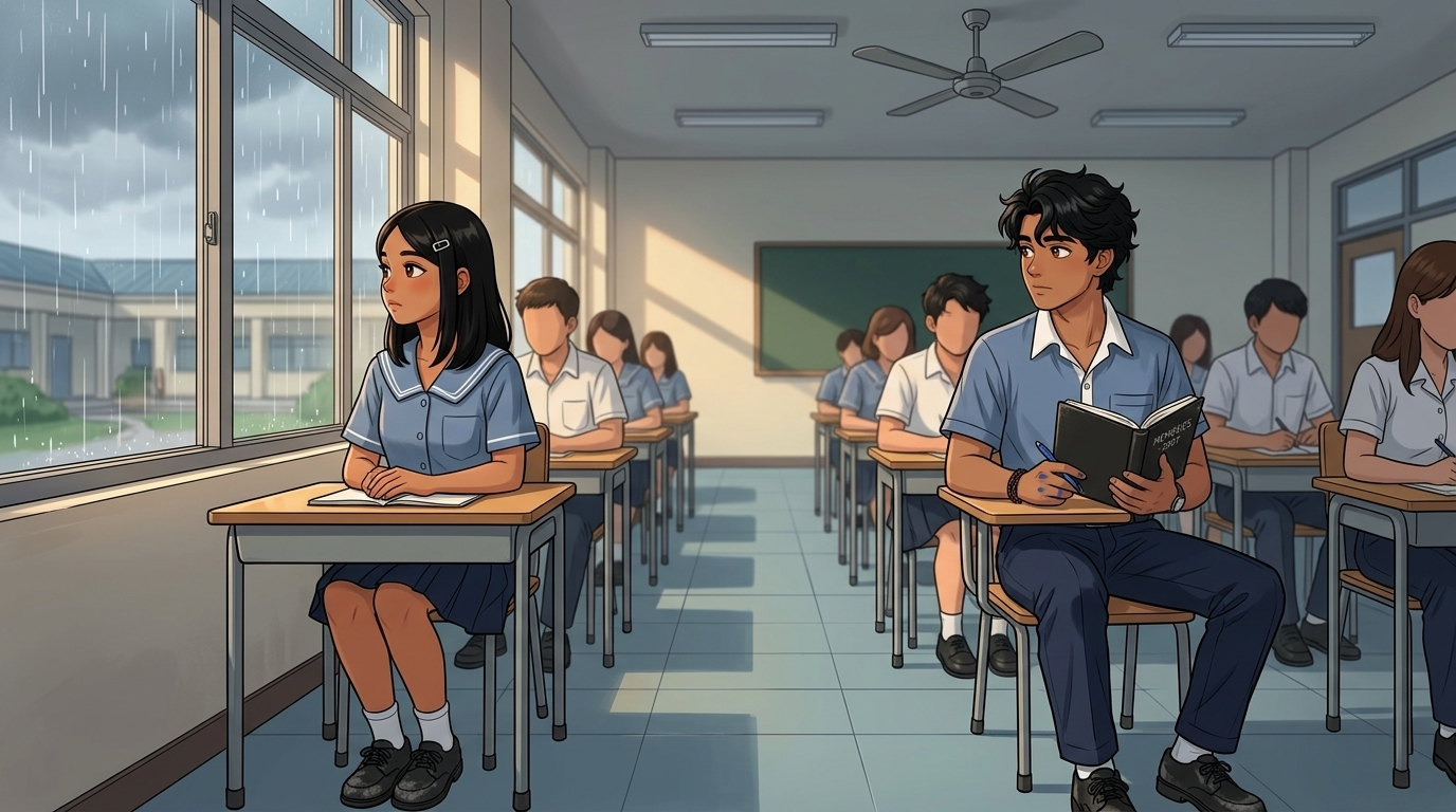 Letters I'll Never Send — Part One: Miles Between Us — page 10 panel 5: The classroom fan stops. The sudden quiet leaves only the warm sunlight and the faint sound of rain beginning outside. Ace sits two rows behind Sarah, notebook open on his knee, staring at her back instead of writing.