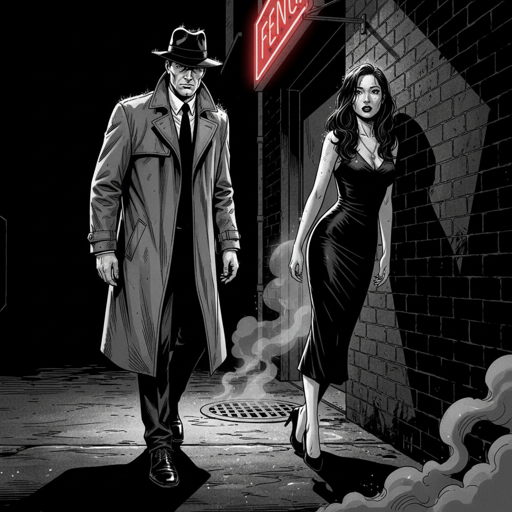 Neon Regret — Noir (B&W) AI comic by qcrao