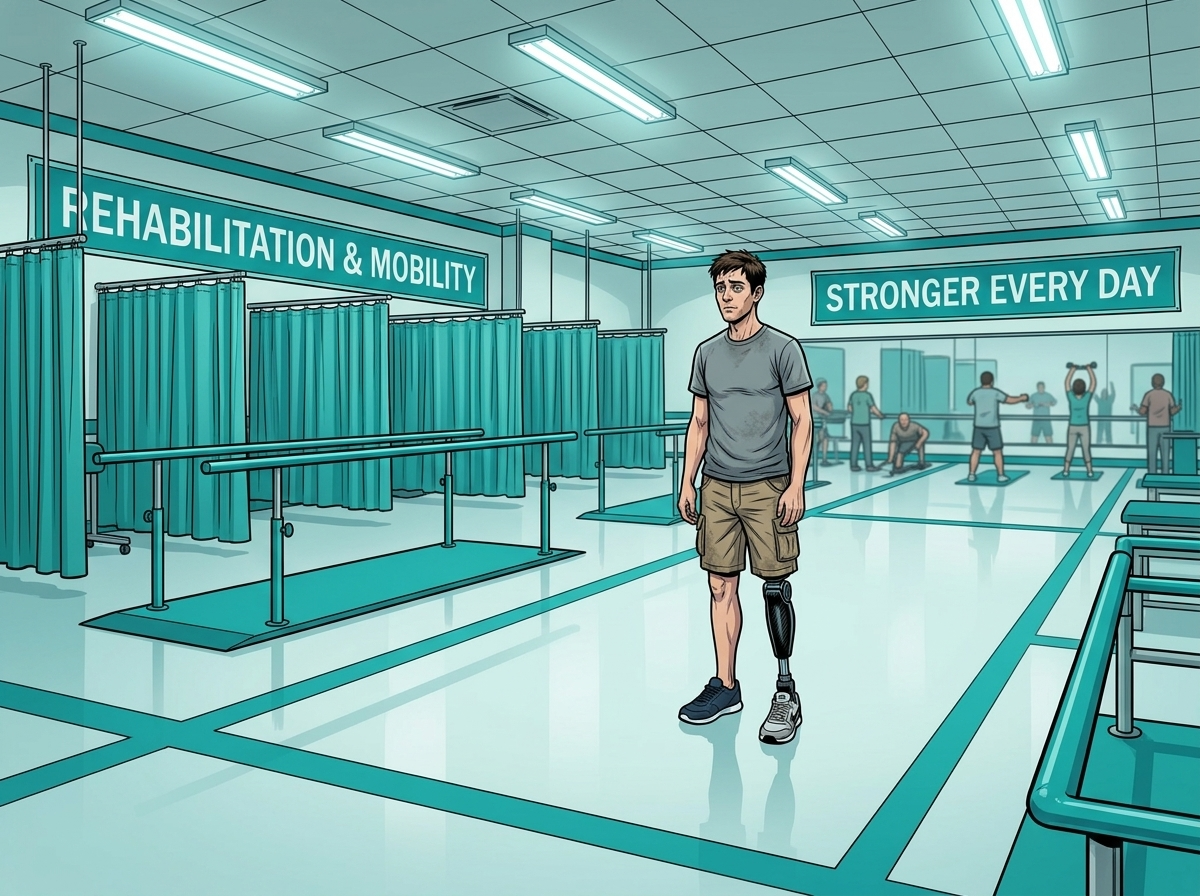 The Ghost Leg and the Coming Storm — page 1 panel 1: The Hernando County Rehabilitation Center is awash in teal, a color Andrew has come to despise. Banners, curtains, and even floor tiles are trimmed in the 'calming' hue, which fails to mask the hospital stench and the sounds of struggle.