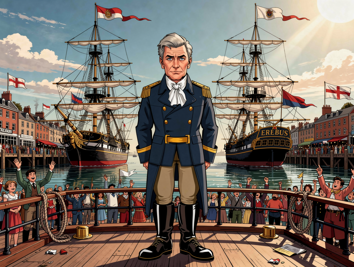 The Man Who Outlived the Ice — page 1 panel 1: The grand departure of the Erebus and Terror from England, a bustling port scene filled with hopeful crowds and a sense of adventure. Sir John Franklin stands proudly on deck.