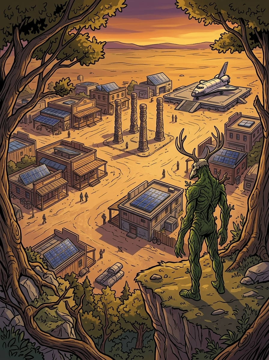 Altir's Fall — page 1 panel 1: Establishing shot of the space-age frontier town Altir from a high wooded cliffside in warm late-day light.