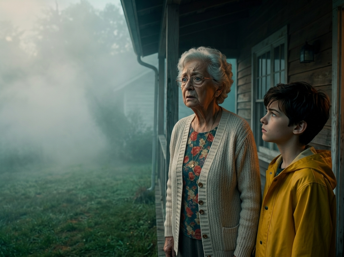 Things That Wait — page 1 panel 1: Flashback. On the wooden porch of a rural home, twelve-year-old Leo stands next to his grandmother Sylvia, looking out at a thick blanket of fog rolling over the front yard.