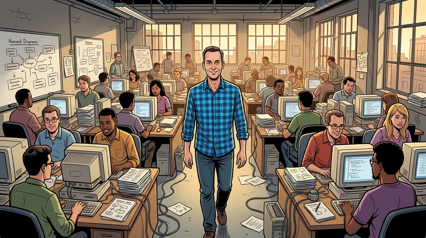 The Man Who Built Google's Brain — page 1 panel 1: In 1999, Jeff Dean arrives at a tiny, crowded Google startup office as roughly employee number thirty. He feels curious, alert, and ready to prove himself.