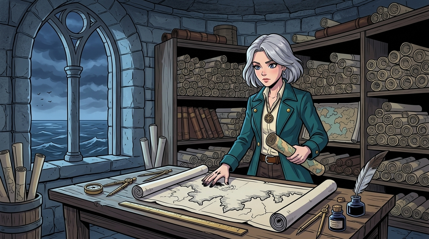The Moving Sea — page 1 panel 1: At dusk, Mira studies a coastline map inside the lighthouse archive, unsettled by a shoreline that no longer matches the view outside.