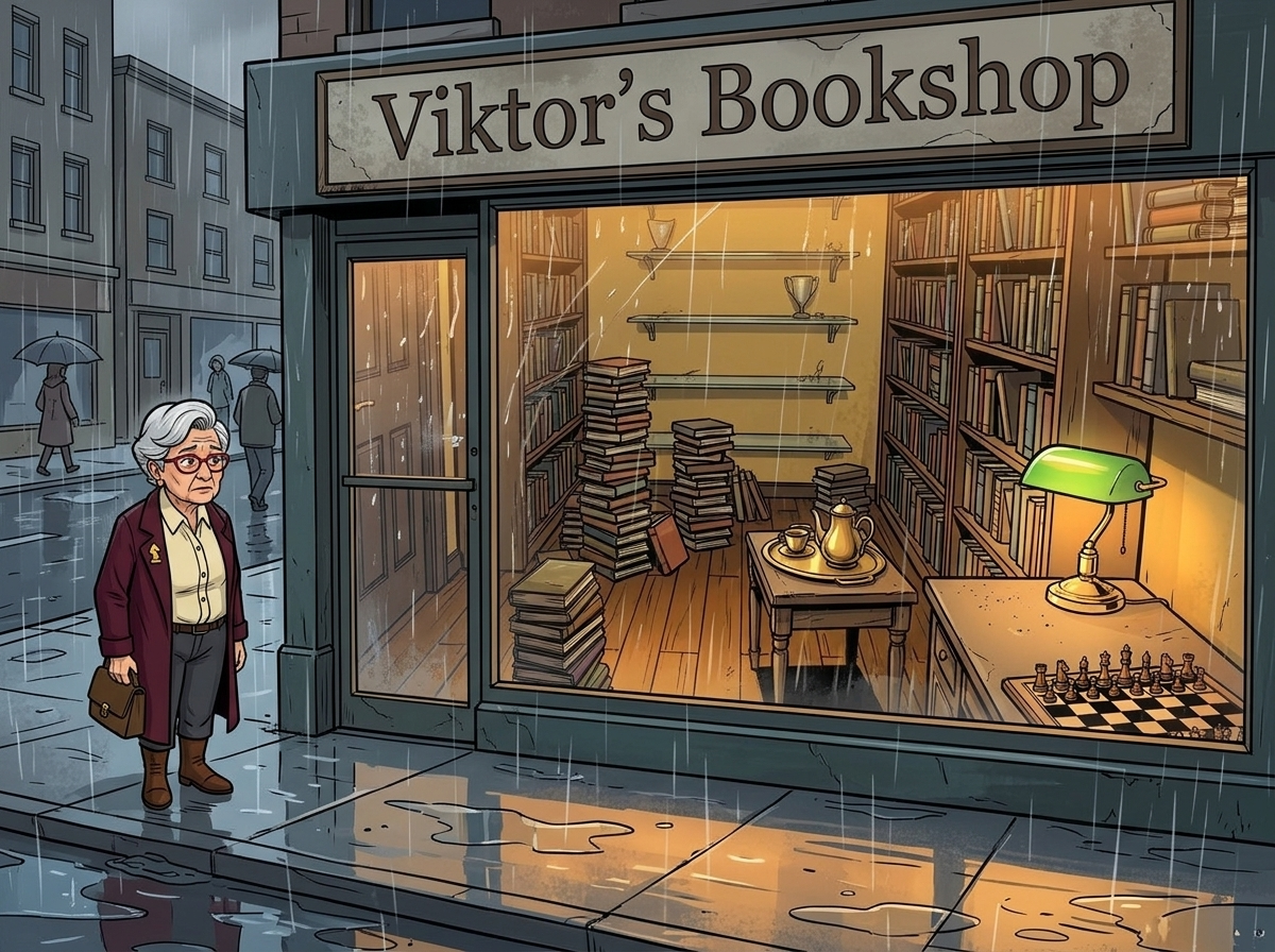 The Last Deliberate Draw — page 1 panel 1: Rain glosses the quiet street as Elena pauses outside Viktor's bookshop, gripping her satchel and gathering courage.