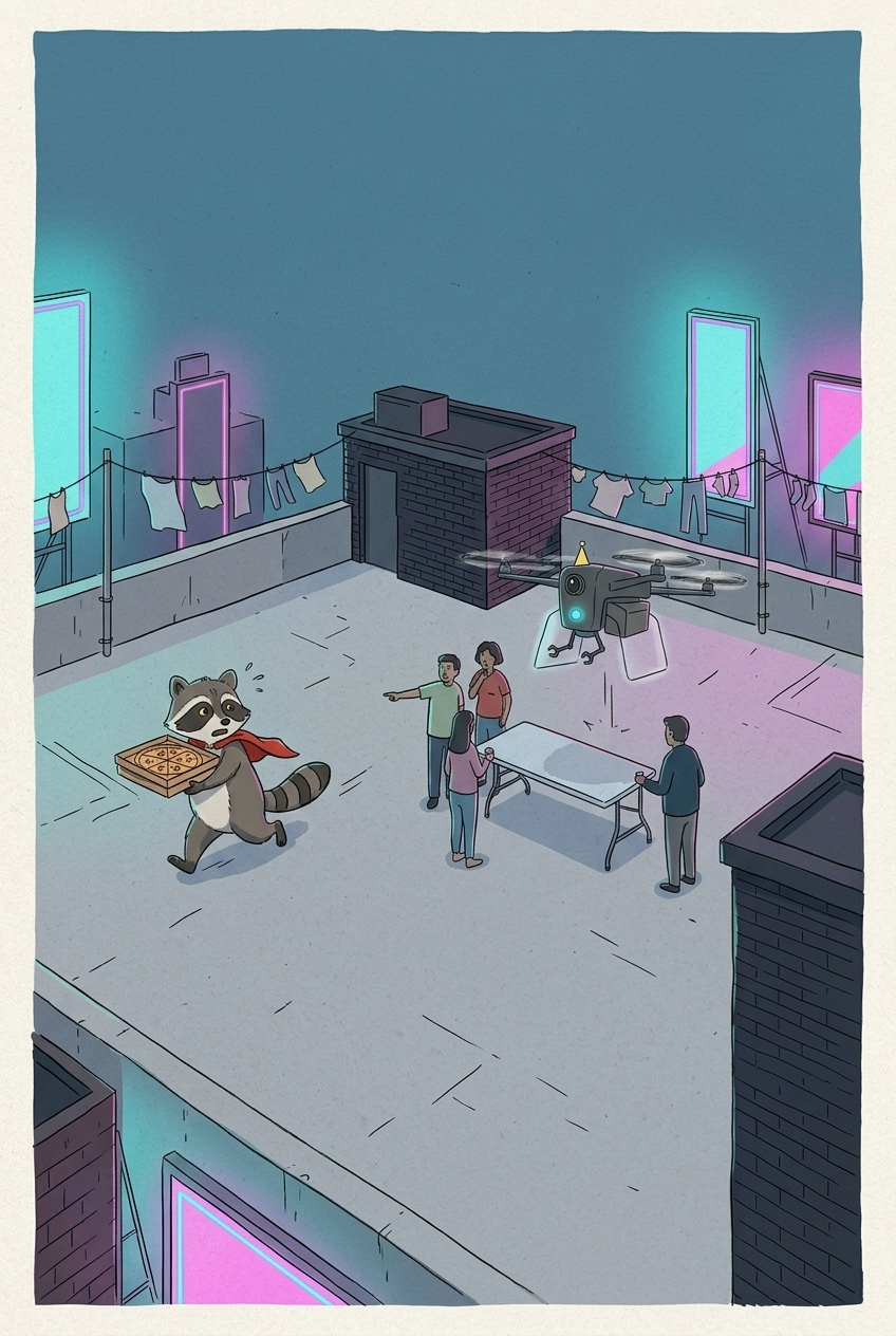 The Raccoon, the Pizza, and the Party Hat — Hand-Drawn AI comic by qcrao