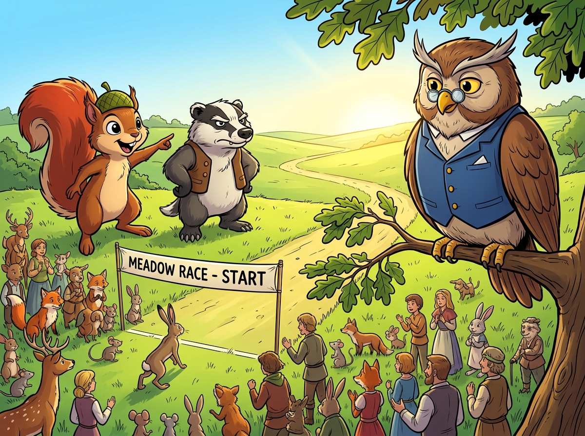 The Meadow Race: Slow and Steady Wins — page 1 panel 1: A vibrant, sunny morning in the Whispering Meadow. Various forest animals gather, a sense of excited anticipation in the air. The long, winding race path stretches into the distance.