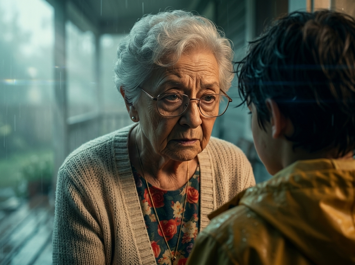 Things That Wait — page 1 panel 2: Close-up on Grandma Sylvia's weathered, serious face as she leans down slightly, warning young Leo.