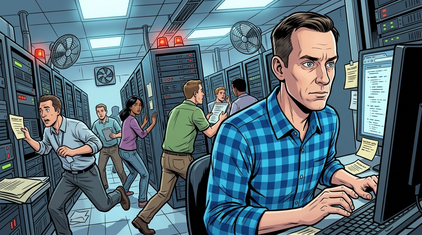 The Man Who Built Google's Brain — page 1 panel 2: A search request crawls across an old monitor while the server room alarms and engineers scramble. Jeff Dean sees the central problem clearly.