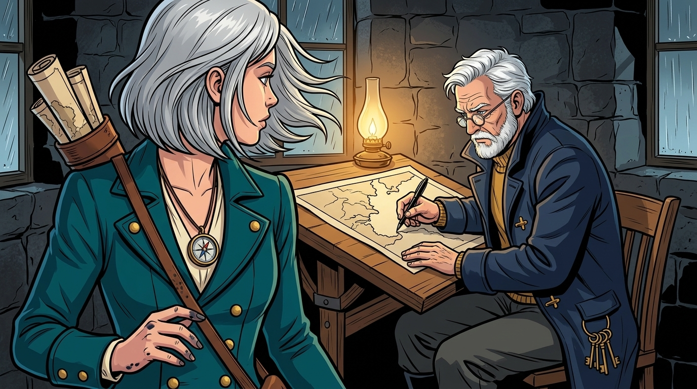 The Moving Sea — page 1 panel 2: Late at night, Mira secretly watches Tomas redraw the coastline by lamplight, feeling betrayed and determined to learn why.