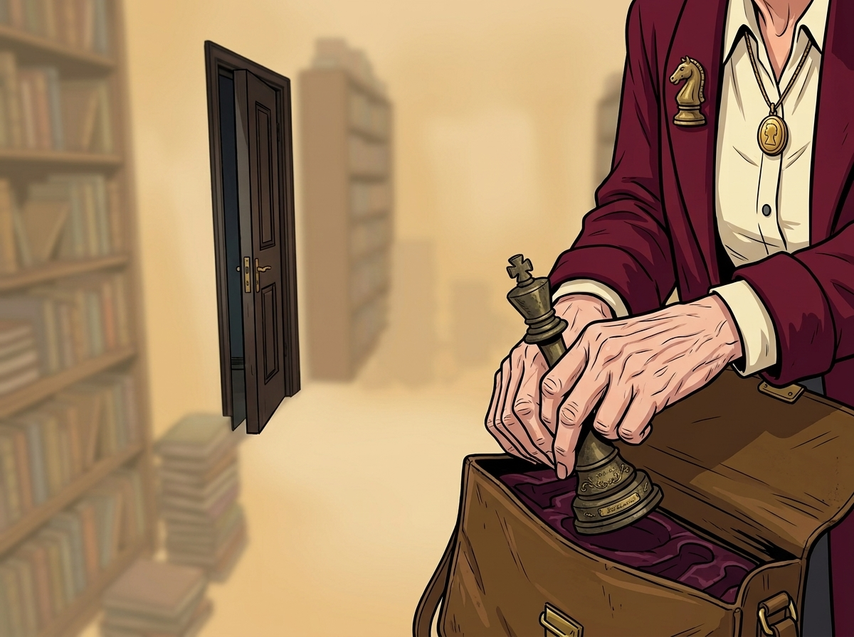 The Last Deliberate Draw — page 1 panel 2: Elena opens her satchel just inside the doorway; the old trophy gleams against worn leather, making her shame suddenly tangible.