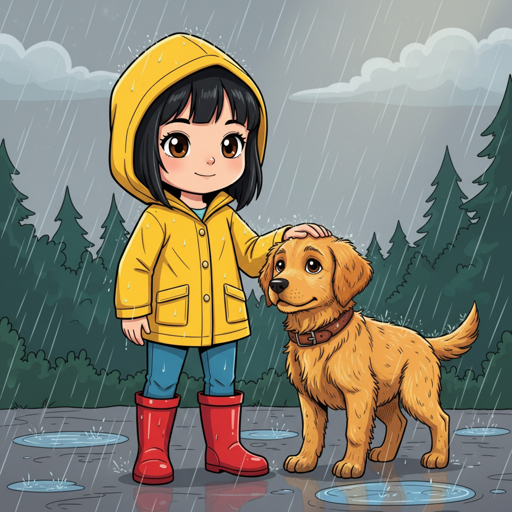Maya and the Golden Paw — page 1 panel 3: The puppy whines softly, nudging its head into Maya's hand. She notices the worn leather collar, a silent testament to its ownership, sparking a resolve in her heart.
