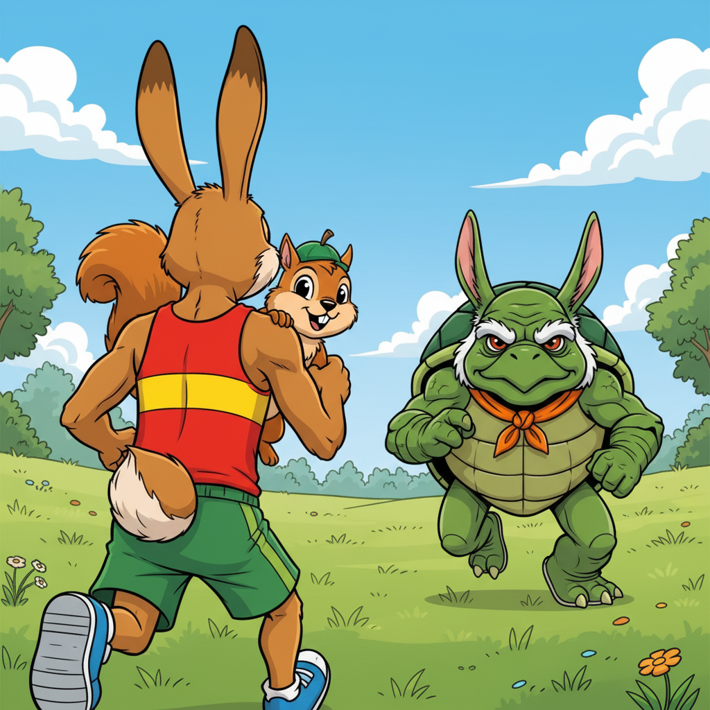 The Meadow Race: Slow and Steady Wins — page 1 panel 3: The Tortoise, calm and unperturbed, accepts the challenge with a small, knowing smile. His eyes hold a quiet resolve, completely unfazed by Hare's bluster. Squirrel looks on, wide-eyed with excitement.