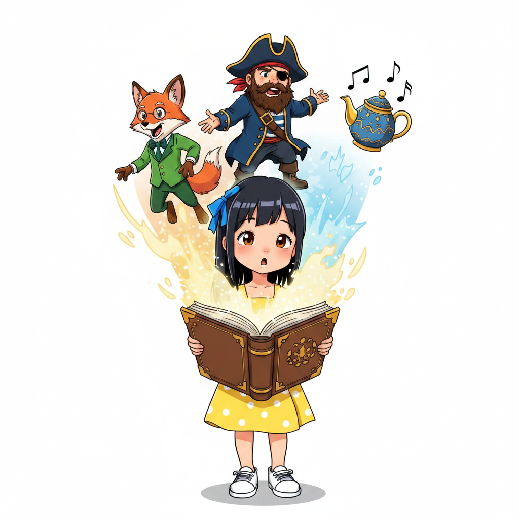 The Weaver of Worlds — page 1 panel 3: As Emma gently opens the book, a soft, ethereal light spills from its pages. Three figures, shimmering with magical energy, rise from the ancient script: a wise fox, a brave pirate, and a whimsical singing teapot, their forms solidifying in the attic air.