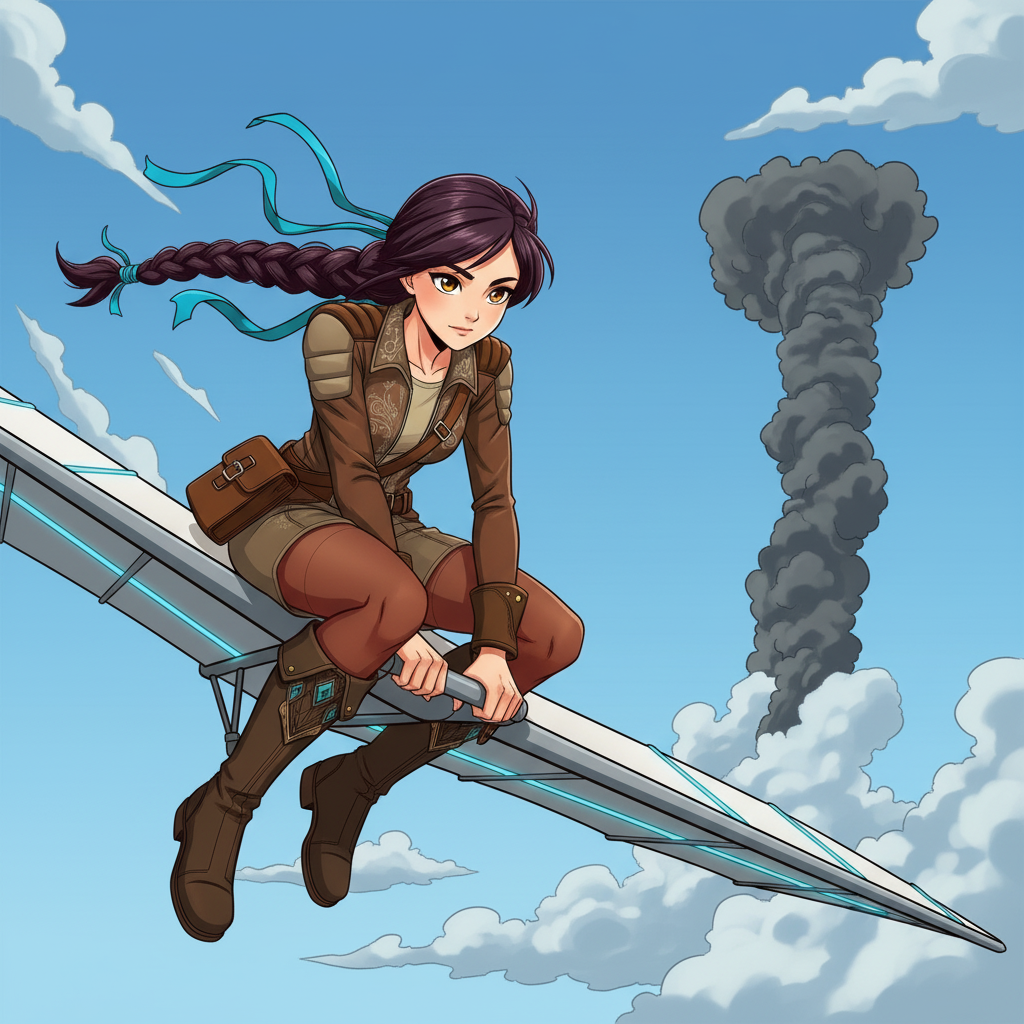 The Sky-Rider's Rescue — page 1 panel 3: Without a moment's hesitation, Skye banks her wind-glider sharply, her body tensing with resolve. Her gaze is fixed on the distant smoke, her jaw set in determination. She knows she has to act.