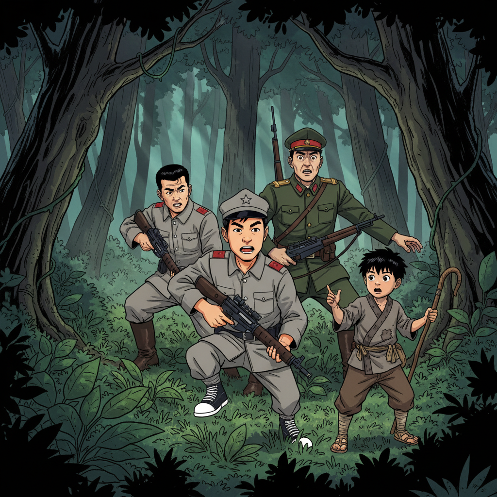 王二小智斗鬼子 — page 1 panel 3: 王二小将鬼子引到了一处茂密的峡谷，突然，他眼神一变，悄悄地指向前方。随着一声令下，埋伏在草丛中的八路军战士们一跃而起，枪口直指陷入包围圈的日本兵。鬼子们大惊失色，意识到中计了。