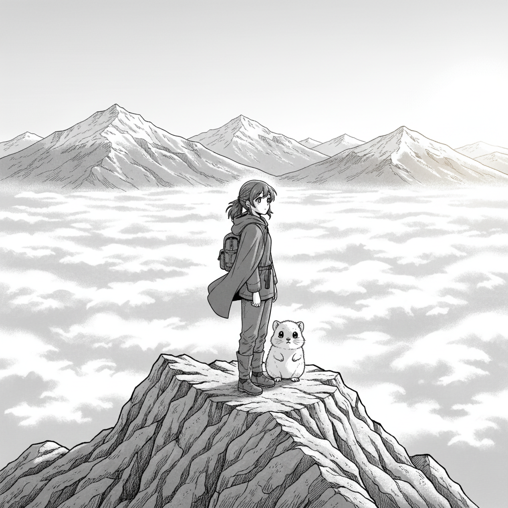 The Silent Ridge — page 1 panel 3: Suddenly, Elara and Pip break through the fog bank, standing on a narrow, windswept ridge. Below them, the fog stretches out like an endless, ethereal ocean. Above, the sky is clear, revealing majestic, snow-capped peaks in the distance, bathed in the soft glow of a rising sun. The ridge itself is ancient, silent stone.