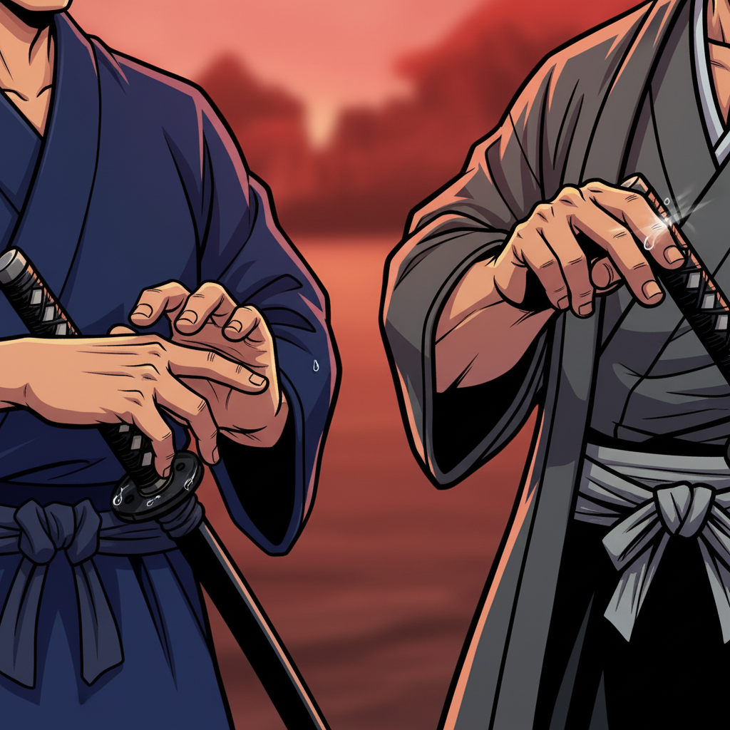 Silent Strike at Dawn — page 1 panel 3: An extreme close-up on their hands, poised over the hilts of their katanas. Beads of dew cling to the blades, reflecting the dawn's red glow. The tension is palpable, a silent scream before the storm.