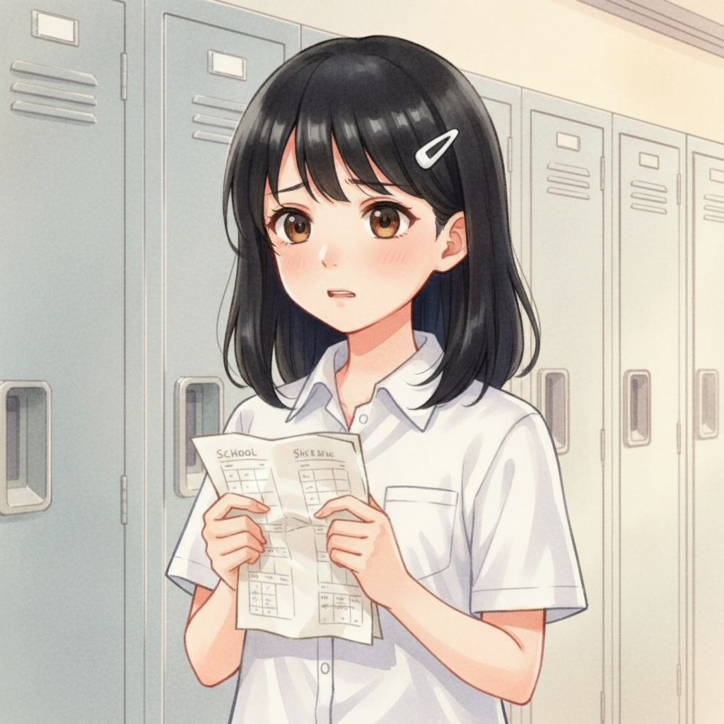 Semester Baru, Awal yang Baru — page 1 panel 3: Di sudut koridor, Dina, seorang adik kelas, terlihat sangat bingung. Dia membolak-balik jadwal pelajaran yang kusut dengan ekspresi cemas.