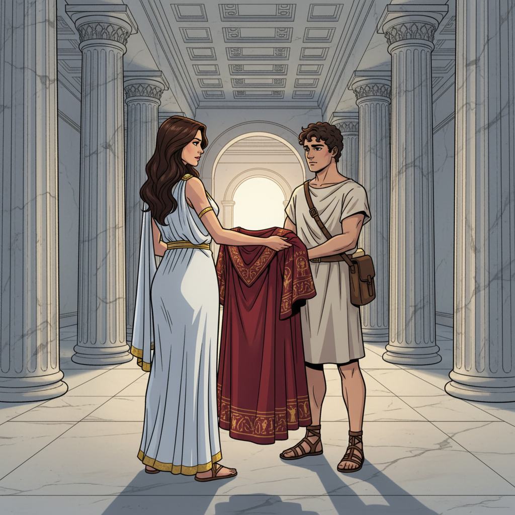 赫拉克勒斯与得伊阿尼拉：嫉妒的悲剧 — page 1 panel 3: 得伊阿尼拉将一件浸透了涅索斯之血的华丽衣袍交给一名信使。她眼神坚定，却带着一丝病态的决绝，完全不知道自己递出的是致命的毒药，而非爱情的信物。