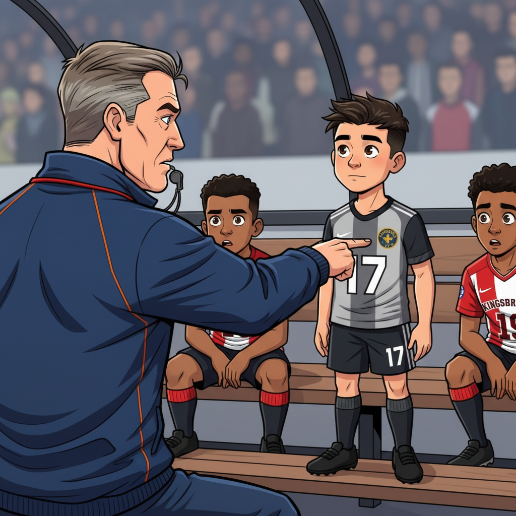 The Number 17 — page 1 panel 3: Coach Renard, a picture of barely contained frustration, spins around. His gaze locks onto Luca, a silent command passing between them. Javier, a teammate next to Luca, looks up, surprised by the coach's sudden call.