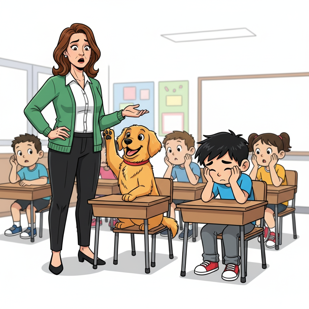 The Day My Dog Tried to Go to School — page 1 panel 3: Inside the bustling classroom, Ms. Albright looks utterly flummoxed as Bruno, sitting upright in a desk, raises his paw high during attendance. Rohan buries his face in his hands, mortified.