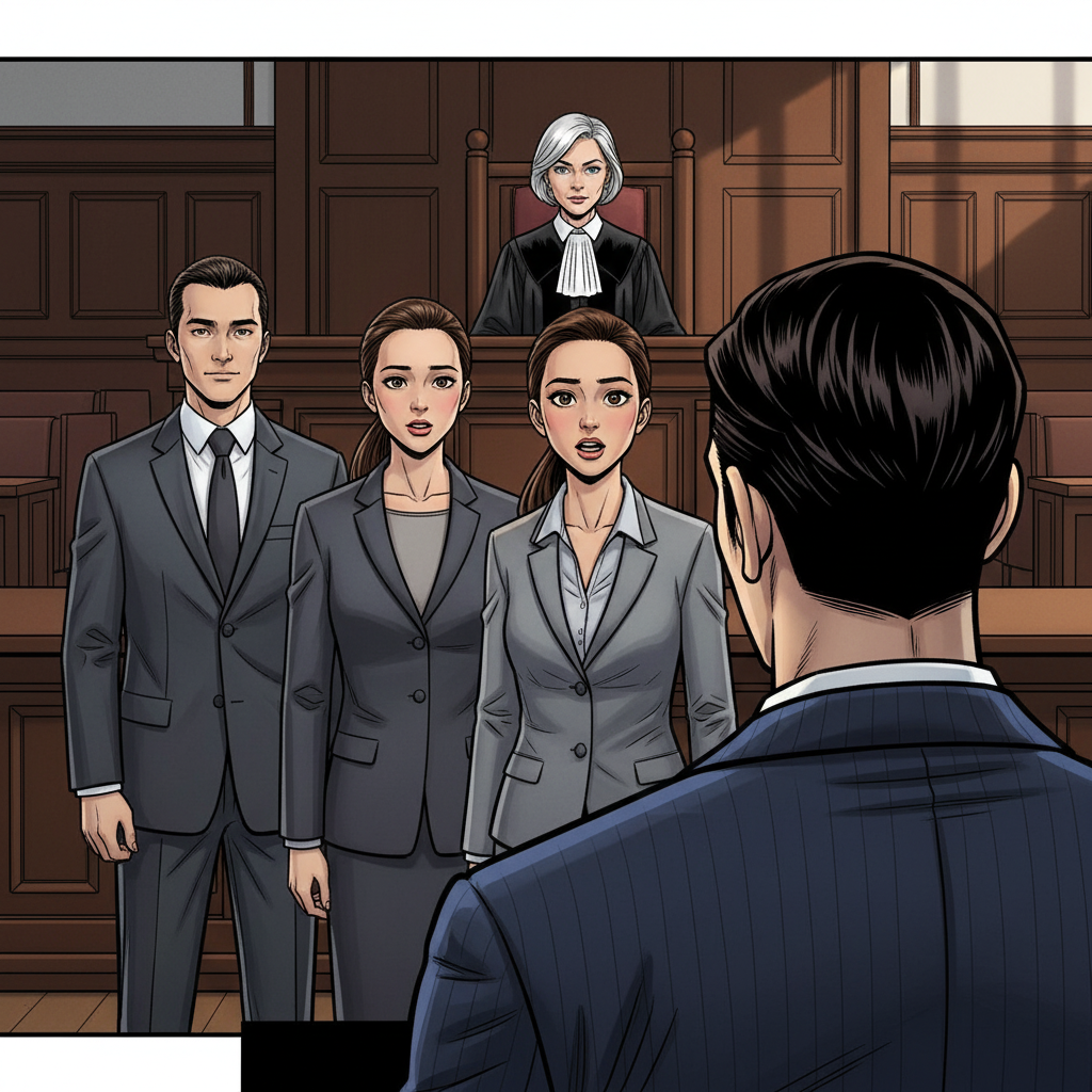 Судебное Разбирательство — page 1 panel 3: Анна Иванова, поддерживаемая своим адвокатом, эмоционально излагает свою версию событий, ее голос дрожит от переживаний. Борис Волков слушает с каменным лицом, готовый оспаривать каждое слово. Судья внимательно следит за каждым жестом, пытаясь уловить истину.