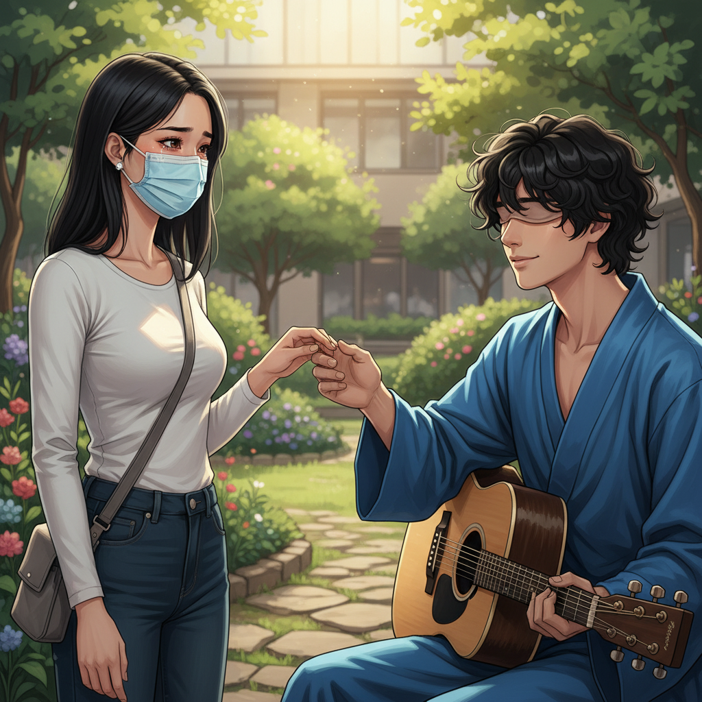 Pertemuan di Panti Tuna Netra — page 1 panel 3: Ditia akhirnya mendekat, suaranya bergetar memanggil nama Farid. Ia meminta maaf atas penolakannya di masa lalu dan rasa bersalahnya atas pengorbanan Farid. Farid menggenggam tangannya, dengan lembut mengatakan bahwa ia rela semua itu karena cintanya tak pernah berubah.