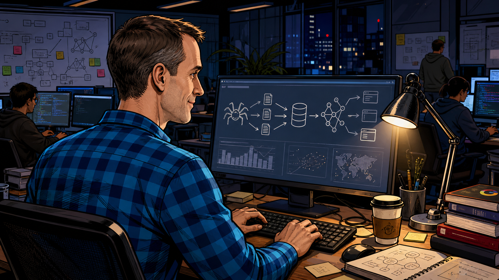 The Man Who Built Google's Brain — page 1 panel 3: Jeff Dean sits alone at a terminal, surrounded by diagrams of crawling, indexing, and query serving. Frustration becomes determination.