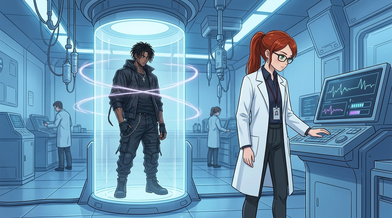 ZERO RANK — Episode 1: Rank Zero — page 1 panel 3: Malik Cross steps into the scanner. The machine surrounds him with pale light, but the energy readings barely move. His hope begins to falter.