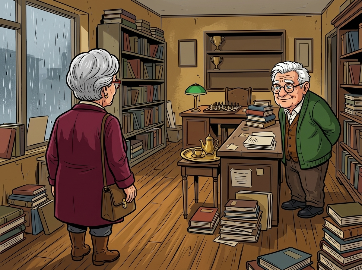 The Last Deliberate Draw — page 1 panel 3: Viktor looks up from behind a leaning tower of books. Recognition hardens his face before surprise breaks through.