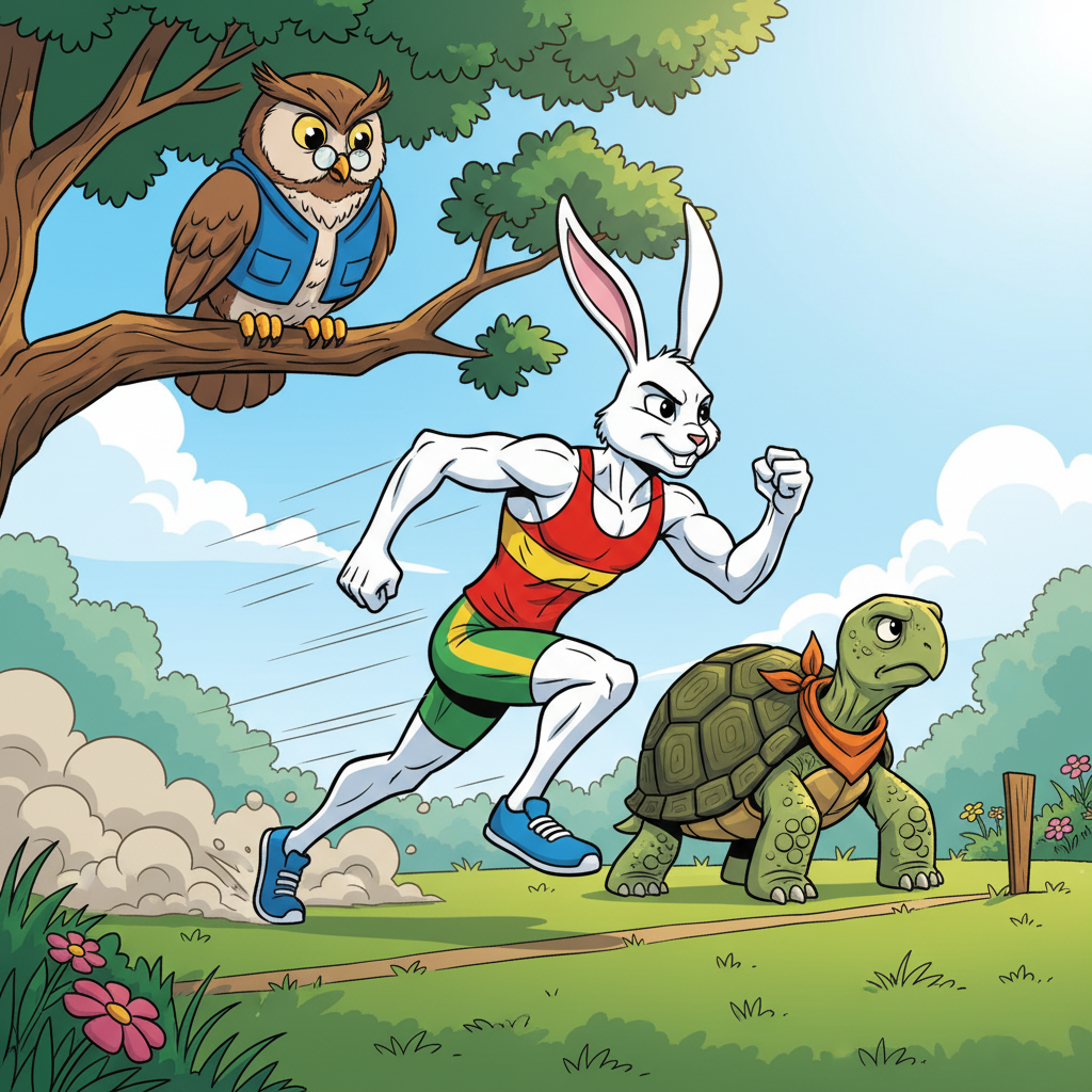 The Meadow Race: Slow and Steady Wins — page 1 panel 4: Owl signals the start of the race. Hare blasts off in a blur of speed, leaving a trail of dust. The Tortoise begins his journey with a slow, deliberate first step, seemingly unfazed by Hare's explosive start.