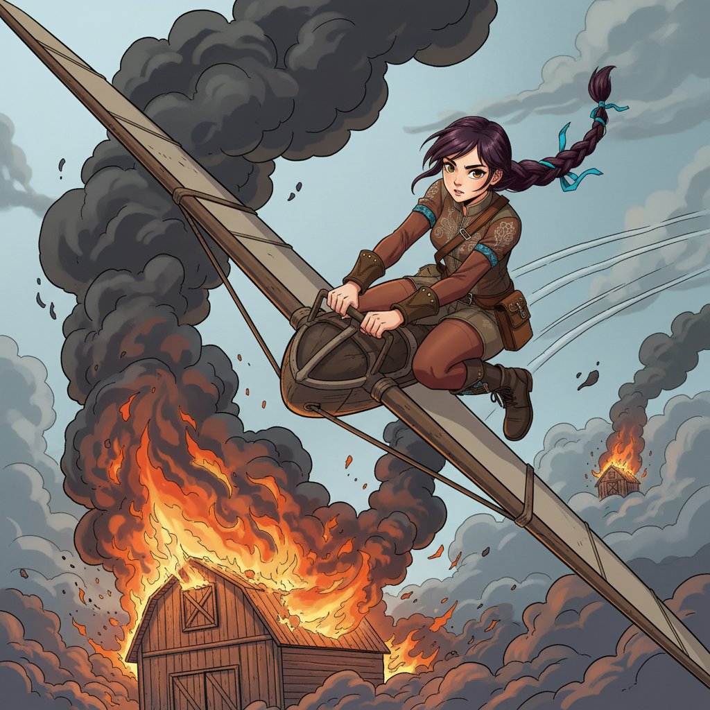 The Sky-Rider's Rescue — page 1 panel 4: Skye dives rapidly towards the valley, the wind rushing past her. The smoke plume, now clearly a raging barn fire, grows larger and more terrifying with every passing second. Flames are visible, licking at the wooden structure.
