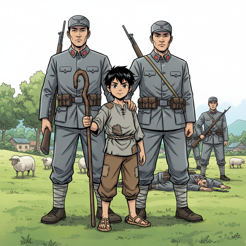 王二小智斗鬼子 — page 1 panel 4: 战斗结束，八路军取得了胜利。王二小被八路军战士们围在中间，他脸上带着一丝自豪和如释重负的笑容，羊群在不远处继续安静地吃草，一切又恢复了平静。