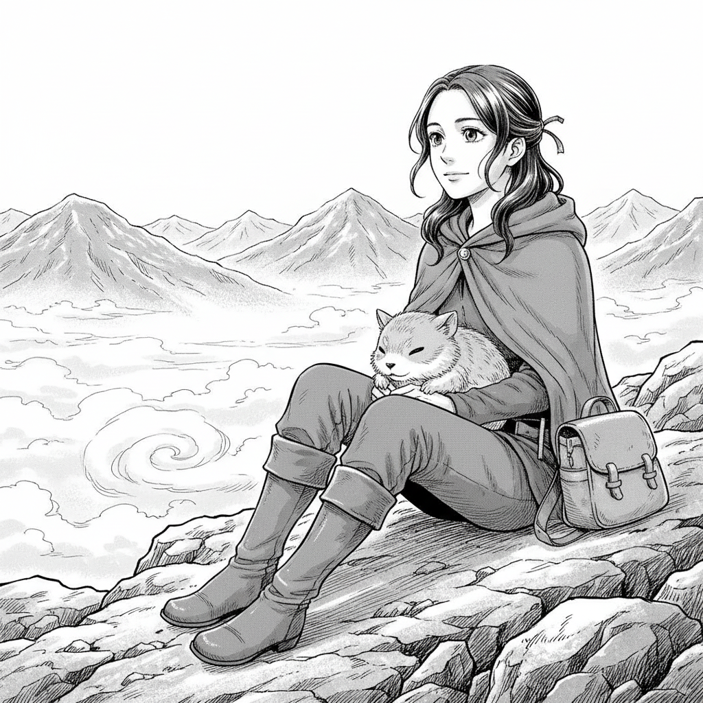 The Silent Ridge — page 1 panel 4: Elara sits quietly on the ancient stone of the ridge, Pip curled contentedly in her lap. Both gaze out at the breathtaking vista, a shared moment of peace and accomplishment after their arduous climb. A faint, contented smile plays on Elara's lips, the cold air invigorating her spirit.