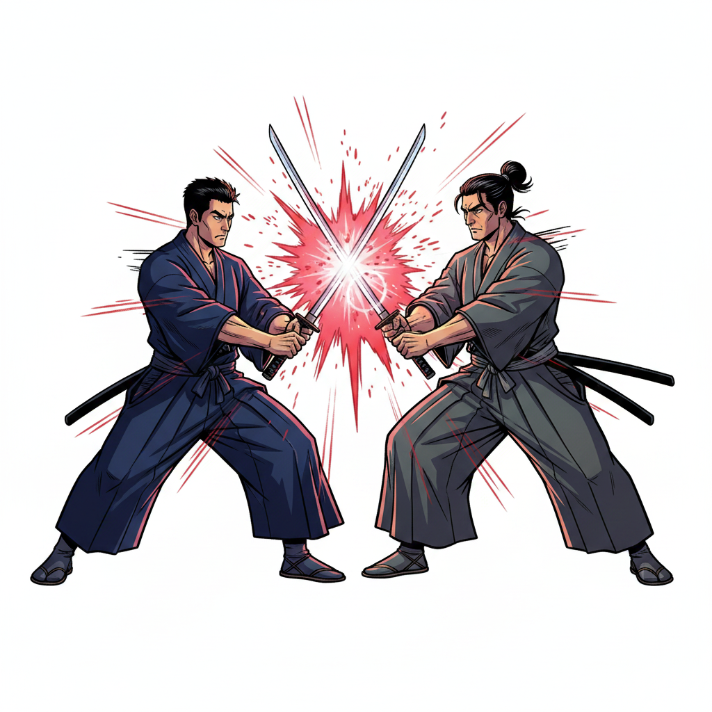 Silent Strike at Dawn — page 1 panel 4: In a sudden, explosive burst of motion, both samurai draw and strike. Blades flash crimson in the morning light, a blur of steel and speed. The world holds its breath, the air vibrating with the decisive clash.