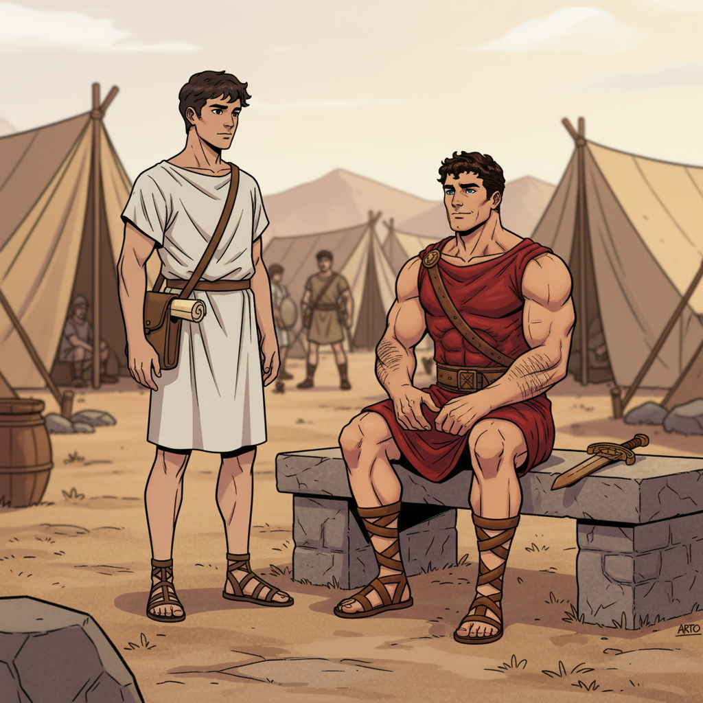 赫拉克勒斯与得伊阿尼拉：嫉妒的悲剧 — page 1 panel 4: 赫拉克勒斯在营地中，毫不知情地收下并穿上了这件“礼物”。他脸上带着疲惫而欣慰的笑容，未曾察觉死亡已悄然降临。