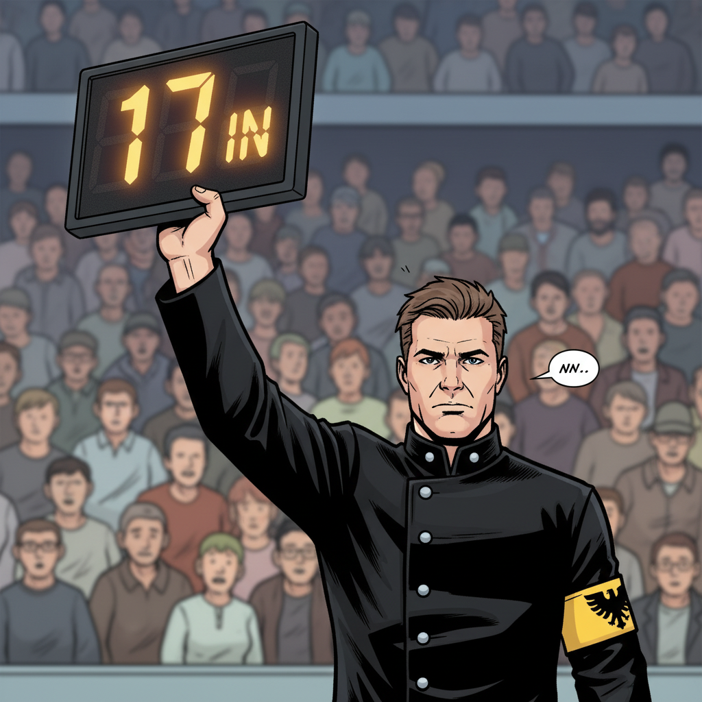 The Number 17 — page 1 panel 4: The Fourth Official raises the substitution board, glowing brightly against the stadium's darkness. The numbers '17 IN' flash prominently, causing a ripple of murmurs and gasps of surprise to spread through the sparse crowd.
