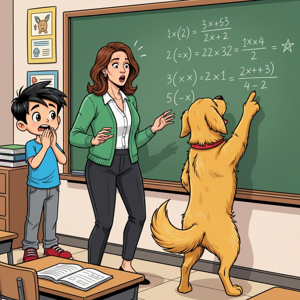 The Day My Dog Tried to Go to School — page 1 panel 4: During math class, Bruno stands on his hind legs, pawing at a complex equation on the chalkboard, having just solved it. Ms. Albright stares in utter shock, while Rohan whispers, completely dumbfounded.