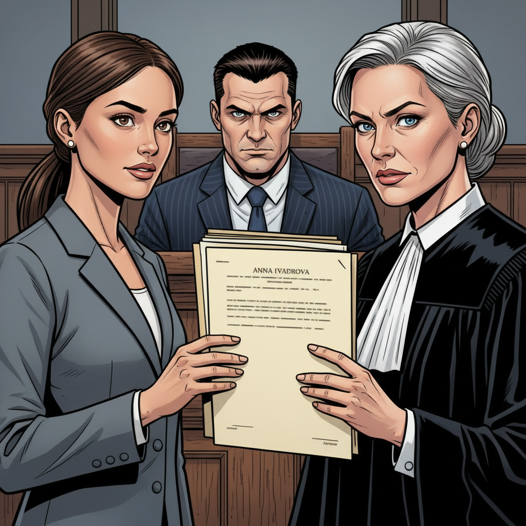 Судебное Разбирательство — page 1 panel 4: Руки Анны Ивановой дрожат, когда она передает папку с документами, содержащими ключевые доказательства. Судья Елена Петрова берет их, ее взгляд скользит по бумагам, ища неопровержимые факты. В зале повисает напряженная тишина, каждый жест имеет значение.