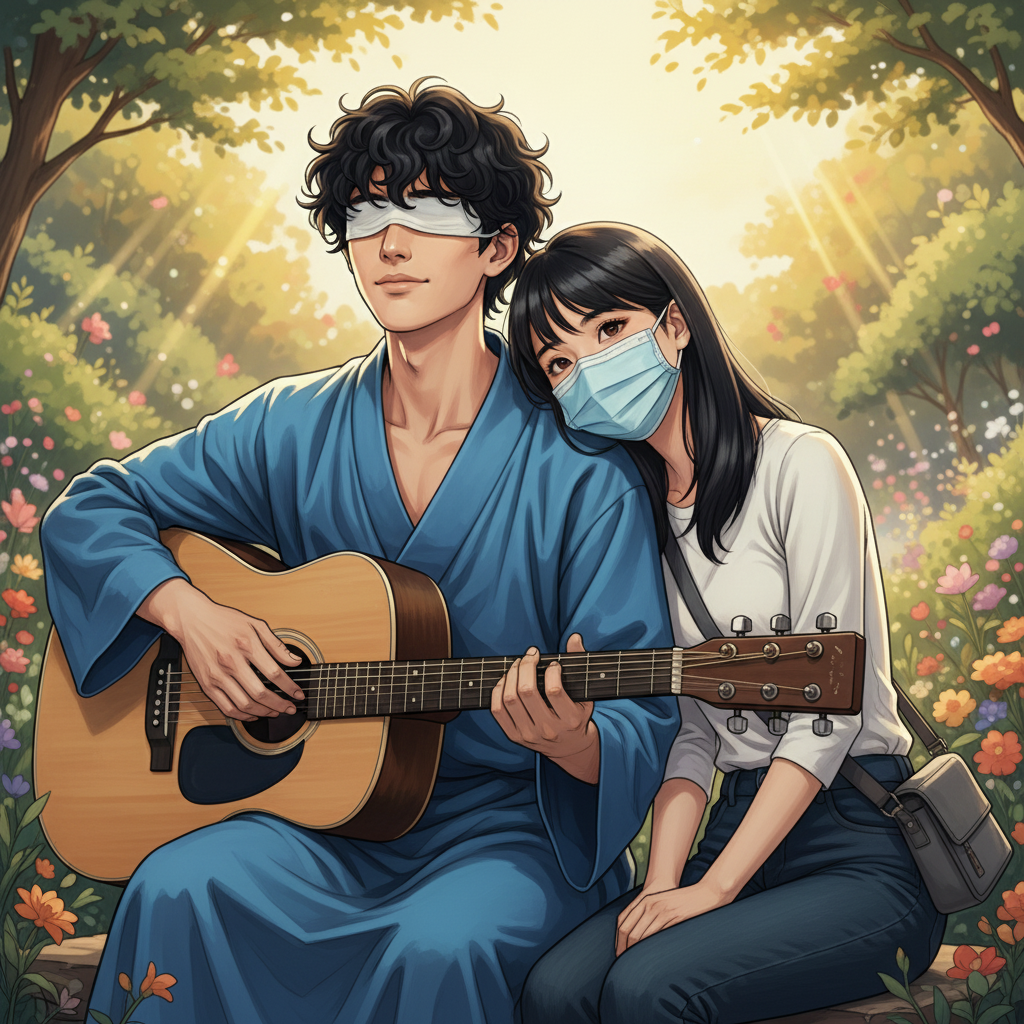 Pertemuan di Panti Tuna Netra — page 1 panel 4: Setelah pelukan erat, Ditia dan Farid duduk berdampingan, gitar Farid tergeletak di pangkuannya. Mereka berbagi cerita, dan Farid memainkan melodi baru—campuran kenangan dan janji masa depan. Mata Ditia memandang dunia bersama Farid, dan mata Farid tetap memandangi Ditia dengan arah yang sama: masa depan yang terang benderang oleh kasih yang tulus dan abadi.