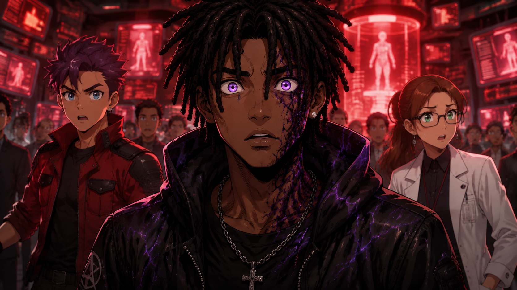 ZERO RANK — Episode 1: Rank Zero — page 1 panel 4: The scanner projects the result. The room falls silent as the impossible number appears: Rank 0. Malik Cross stares at it, stunned and humiliated.