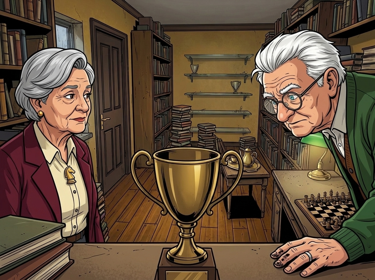 The Last Deliberate Draw — page 1 panel 4: Elena places the trophy between them. Viktor's fingers hover above it, anger and old hurt competing in his expression.