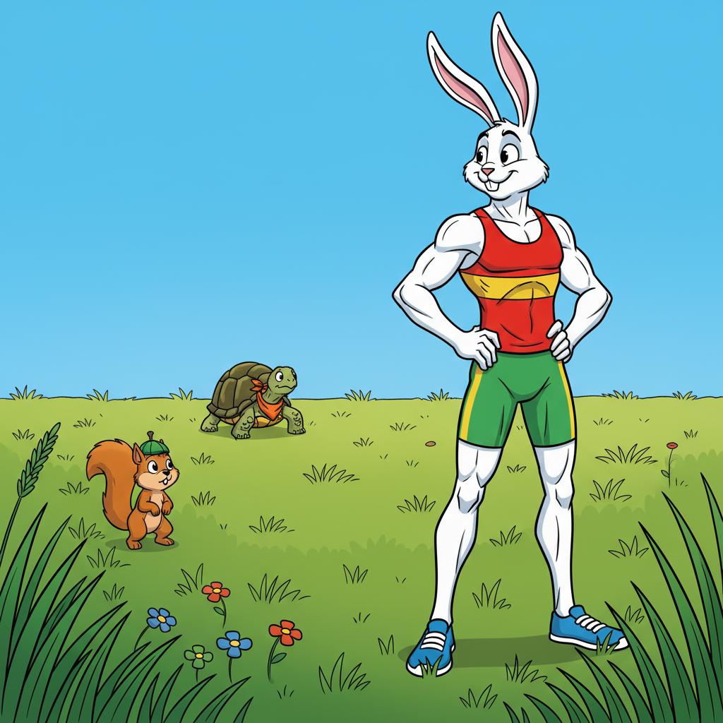 The Meadow Race: Slow and Steady Wins — page 1 panel 5: Hare is already far ahead, a tiny speck in the distance, but he stops to look back, a self-satisfied grin on his face. He sees the Tortoise, still near the start, and chuckles.