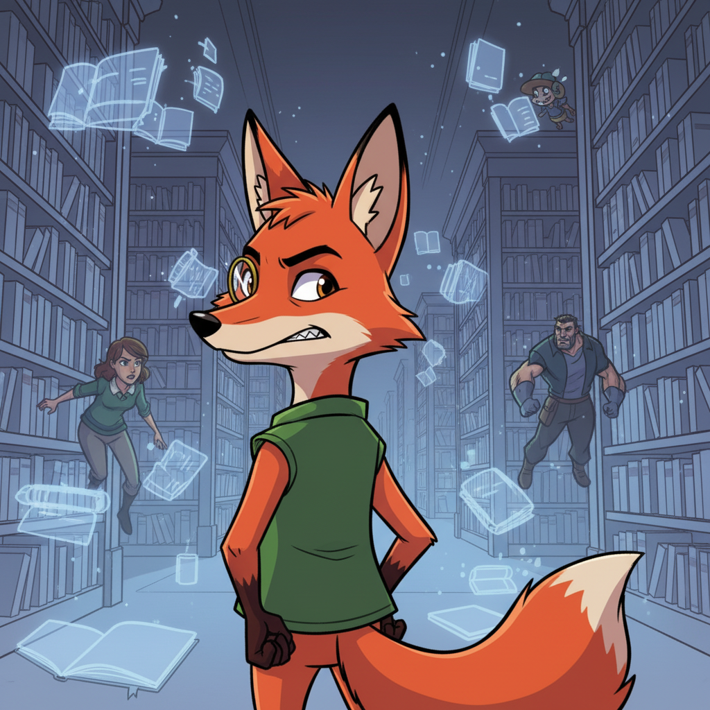 The Weaver of Worlds — page 1 panel 5: The wise fox, Flicker, steps forward, his monocle glinting. He gestures with a paw towards an unseen, vast expanse, a grand, fading library stretching into the distance, filled with ghostly, translucent books.