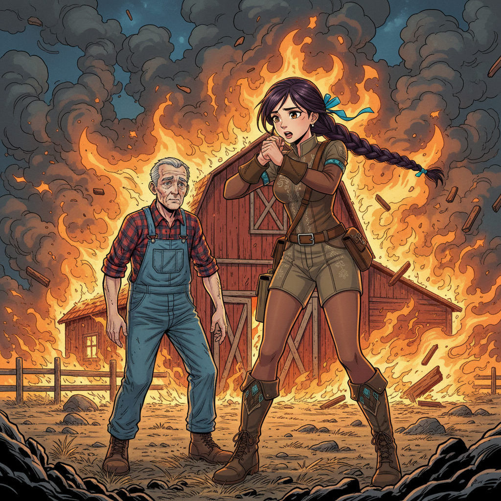 The Sky-Rider's Rescue — page 1 panel 5: Thick, acrid smoke billows around Skye as she nears the farm. She coughs, shielding her face, but her eyes remain focused on the blazing barn. Below, Old Man Henderson stands helplessly, his face etched with despair, watching his livelihood burn.